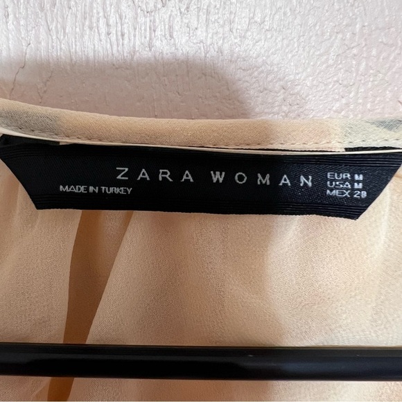 ZARA Woman Sheer Cream Crepe Long Sleeve Blouse Faux Wrap Back Ruched Flowy Med - Picture 7 of 7